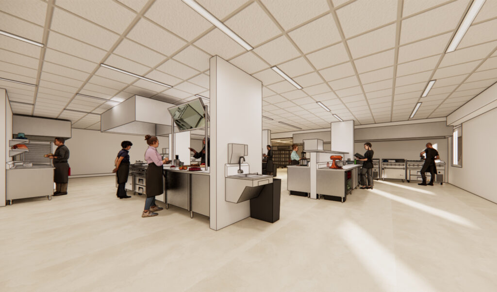 Architect rendering of Campbell Hall renovation of the teaching kitchens